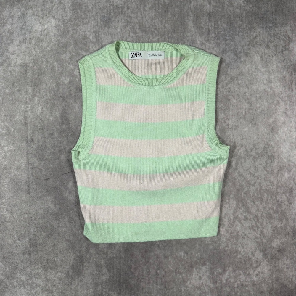 Zara Womens Small Green Pink Striped Knit Sleeveless Crop Top Tank Rugby Indie